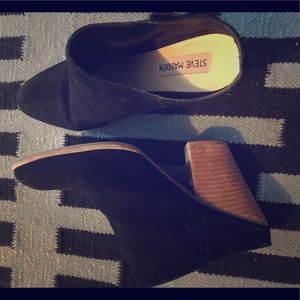 Sz 9 Steve Madden heeled suede/leather mules